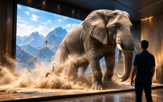 A 3D elephant steps out of the screen in front of a person