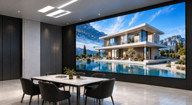 A 3D screen showing a house in a meeting room