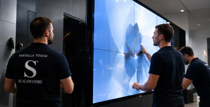 Two technicians installing a screen