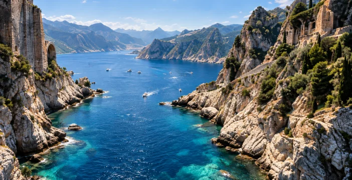A bay between cliffs on a 3D screen