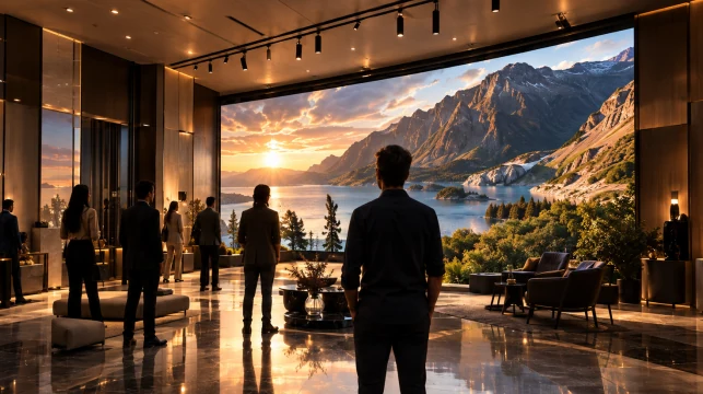 Visitors in front of a 3D screen in a brand space
